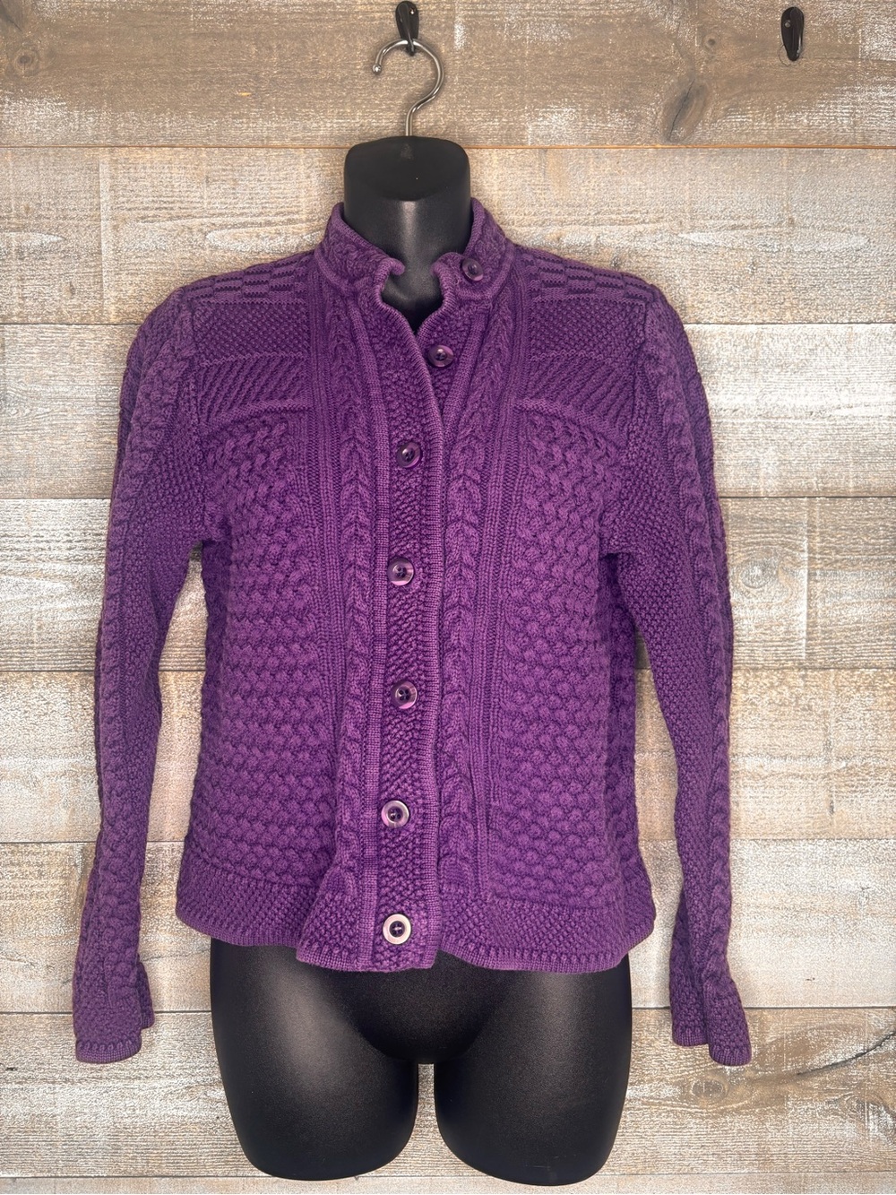 LL Bean 100% cotton Purple Cable-Knit Button-Front knit chunky fisherman Sweater